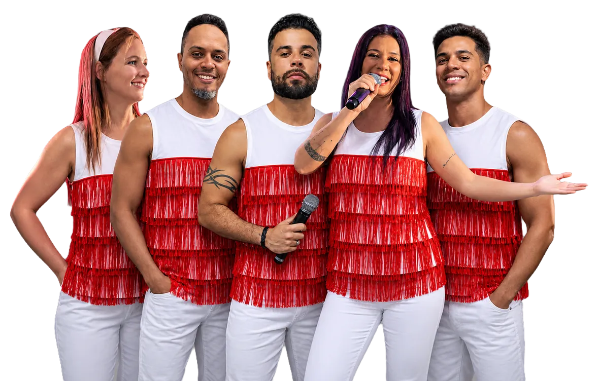 Integrantes da Banda Fórmula 7 com figurino vermelho e branco