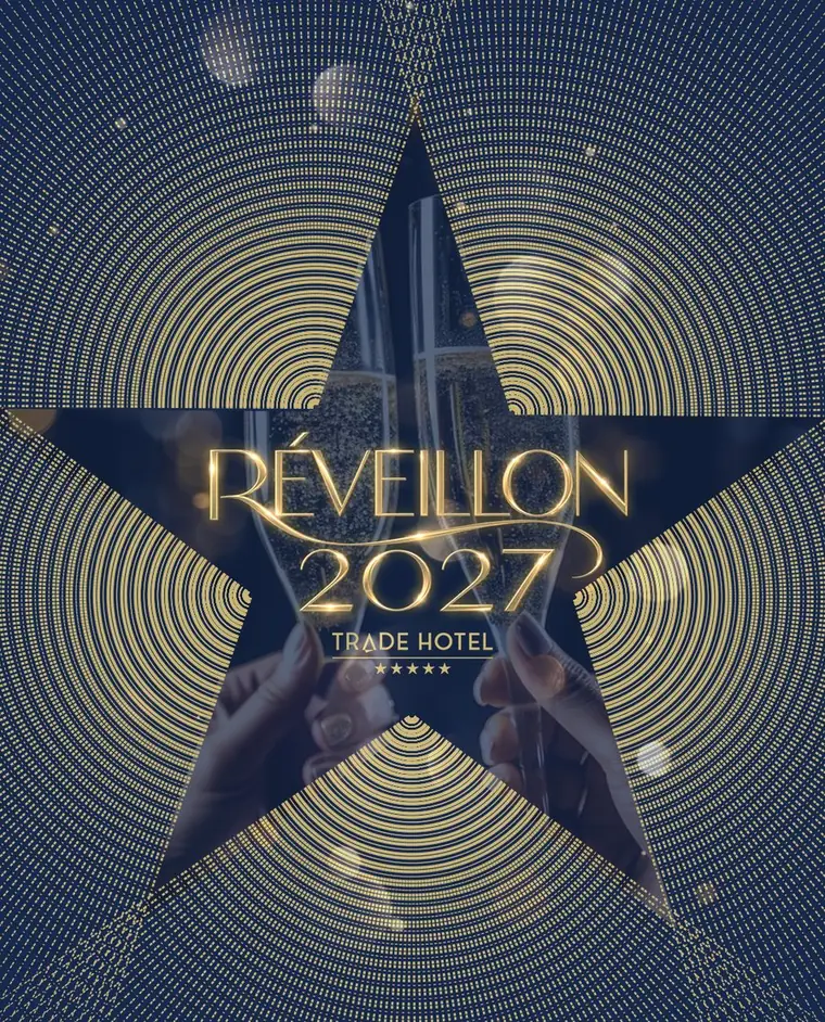 Estrela dourada com taças brindando: Réveillon 2027 Trade Hotel